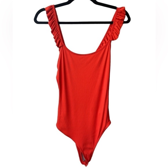 Zara Ribbed Ruffle Orange Sleeveless Bodysuit Small - Picture 3 of 9